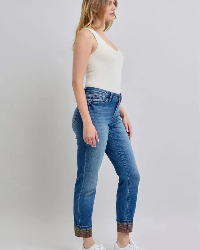 Judy Blue Full Size Plaid Print Cuff Straight Leg Jeans with Pockets - Sleekdenim.com