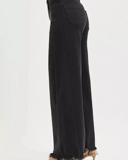 RISEN Tummy Control High Rise Palazzo Leg Frayed Hem Jeans - Sleekdenim.com
