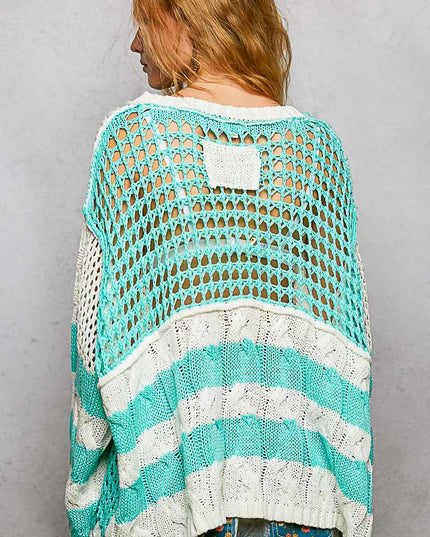 POL Color-Blocked Stripe Pattern Knit Top with Twisted Weave - Sleekdenim.com