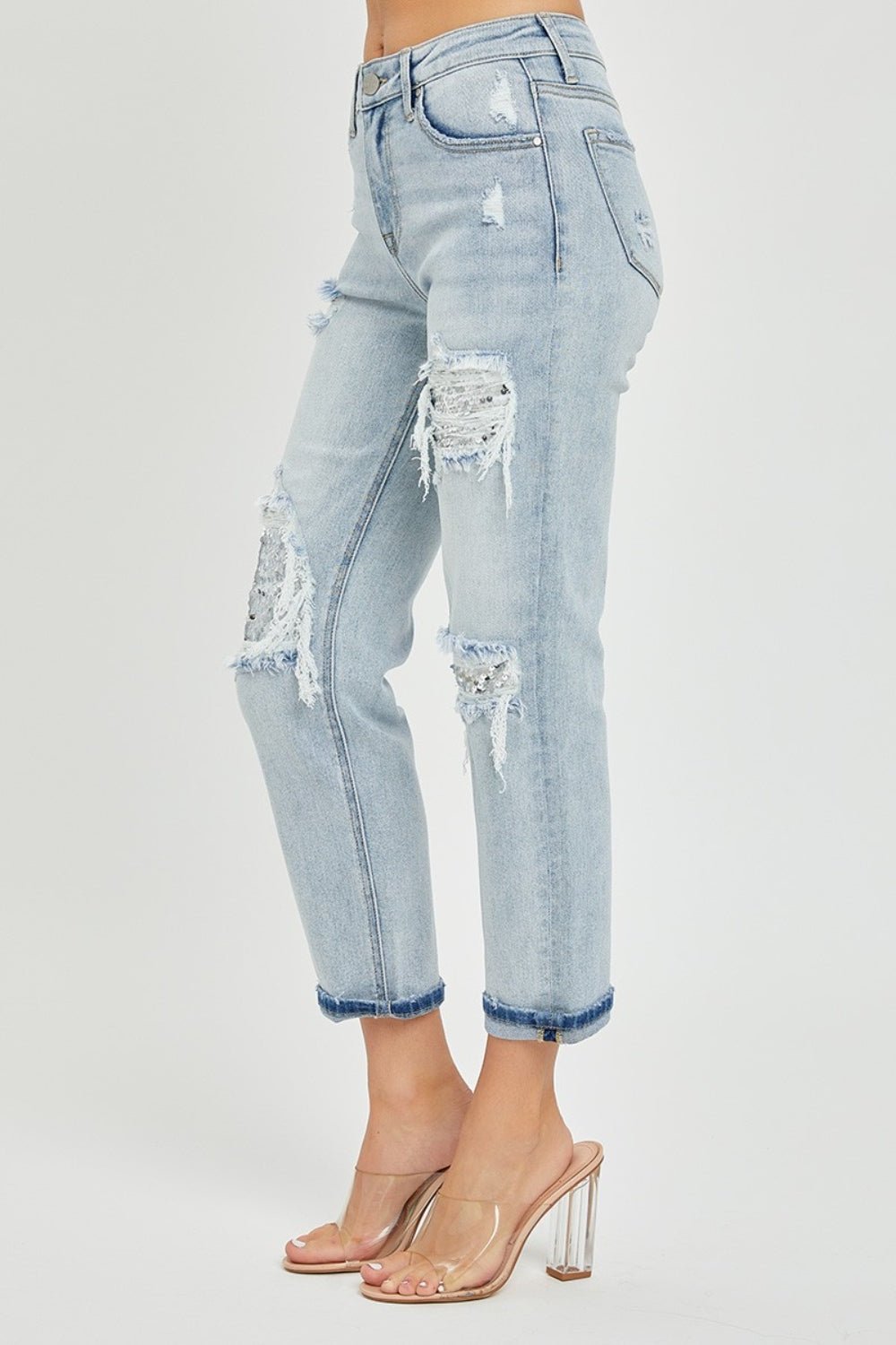 RISEN Mid-Rise Sequin Patched Jeans | Sleekdenim.com