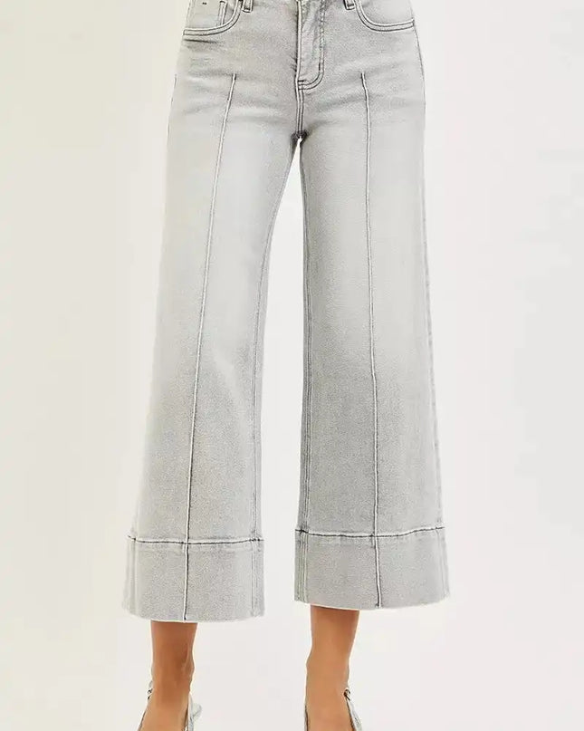 RISEN Tummy Control Mid Rise Crop Wide Pintuck Front Jeans - Sleekdenim.com