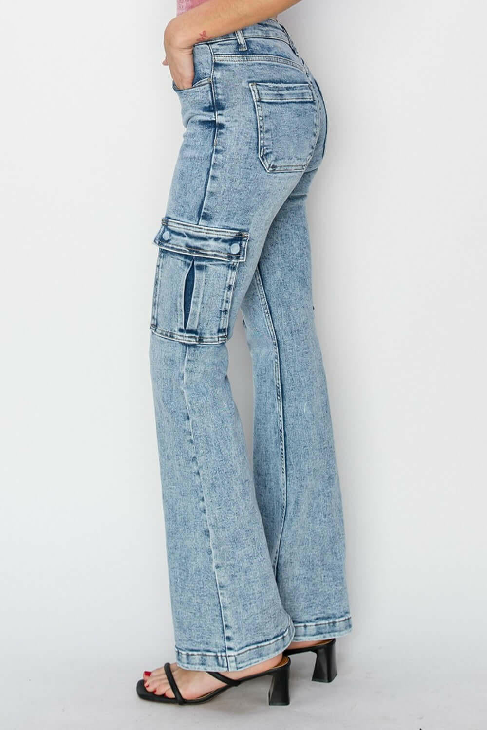 RISEN Full Size High Rise Cargo Flare Jeans.