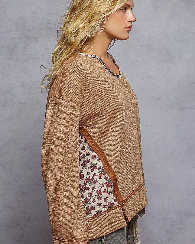 POL Balloon Sleeve Oversized Ribbed Top with Floral Pattern Contrast - Sleekdenim.com