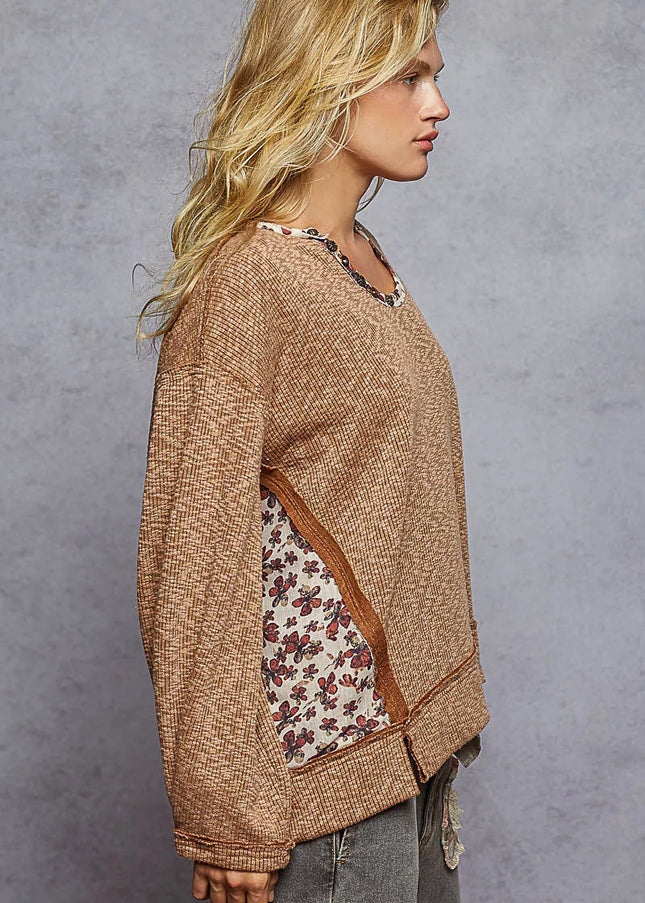 POL Balloon Sleeve Oversized Ribbed Top with Floral Pattern Contrast - Sleekdenim.com