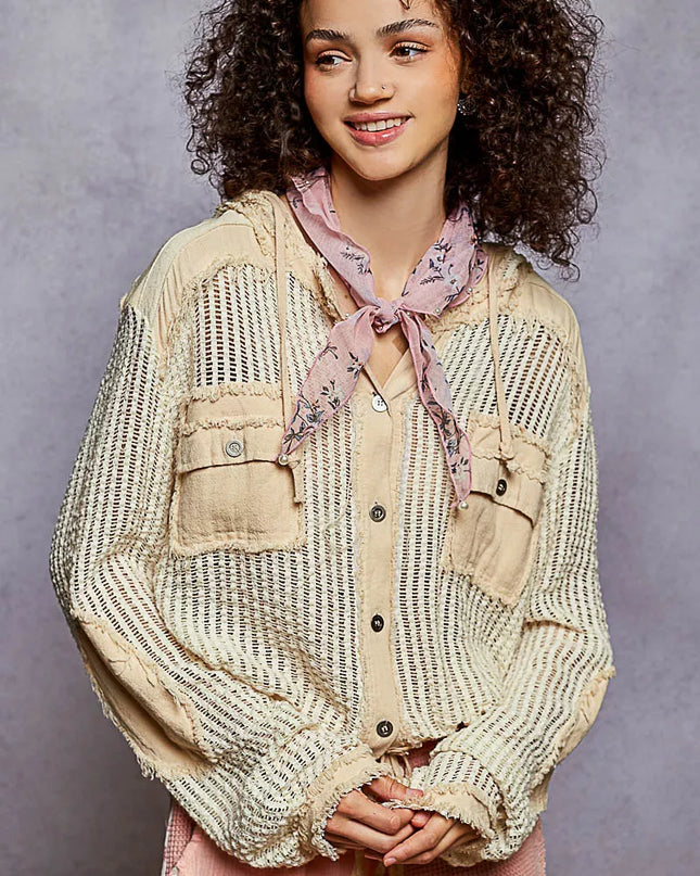 POL Texture Woven Button Down Hooded Shirt with Drawstring Hem - Sleekdenim.com