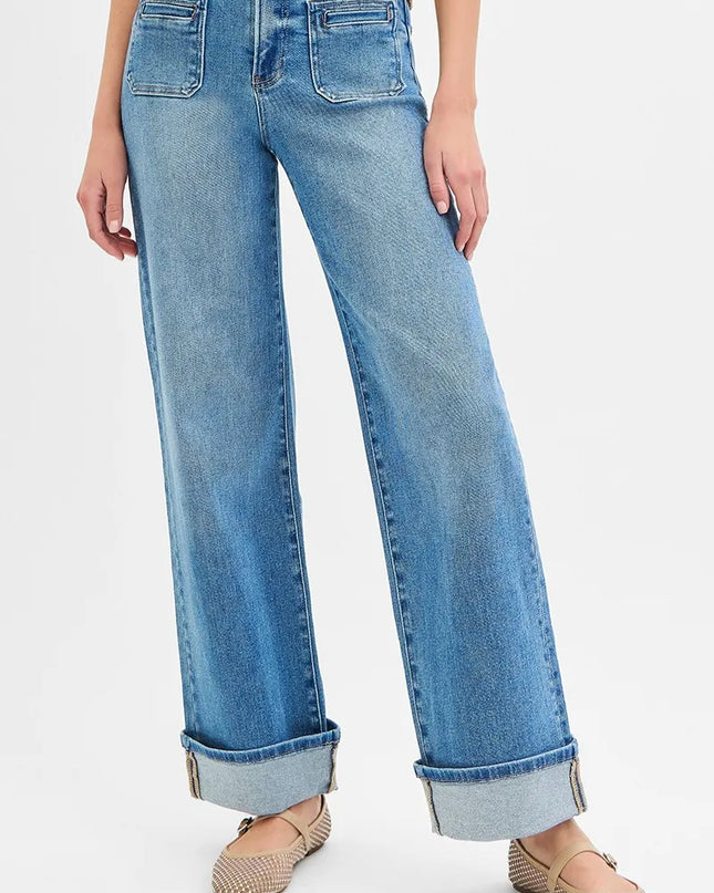 RISEN Full Size Elastic Band Mid Rise Wide Front Patch Pocket Cuff Jeans Plus Size - Sleekdenim.com