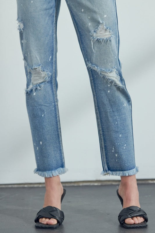 AT1050STM High Rise Distressed Straight Jeans - Sleekdenim.com