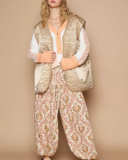 POL Front Zipper Floral Pattern Quilted Vest Coat with Front Pockets - Sleekdenim.com