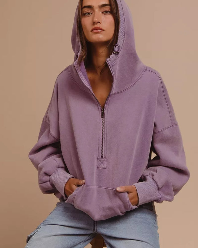 BiBi Stitch Detailed Elastic Hem Half Zip Fleece Hoodie - Sleekdenim.com