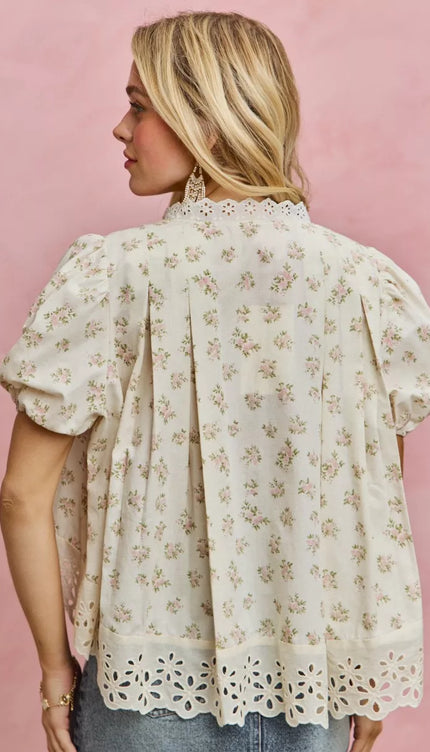 SO ME Floral Print Lace Trim Short Sleeves Blouse - Sleekdenim.com
