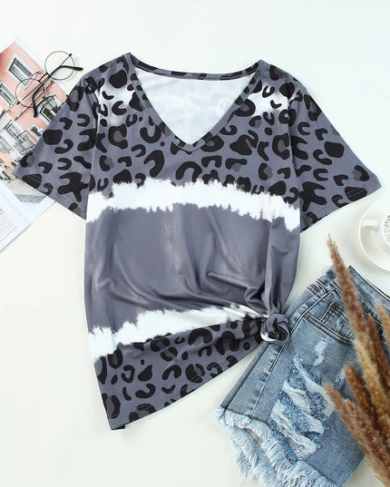 Leopard V-Neck Short Sleeve T-Shirt - Trendsi