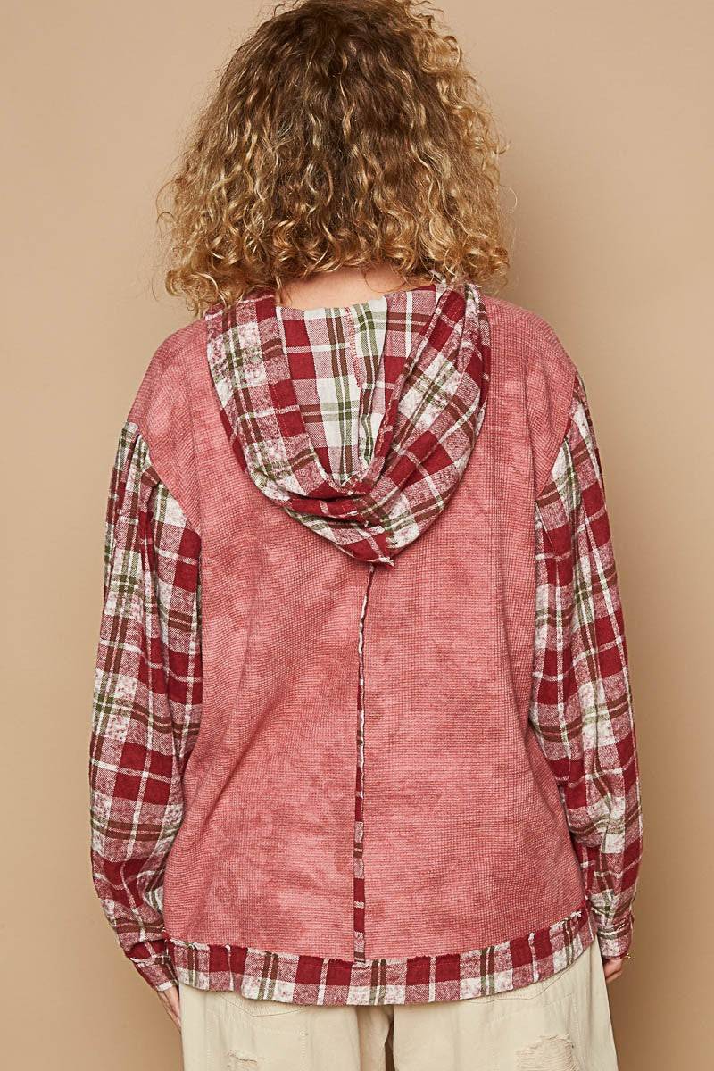 POL Star Patch Plaid Long Sleeve Hooded Top | Sleekdenim.com