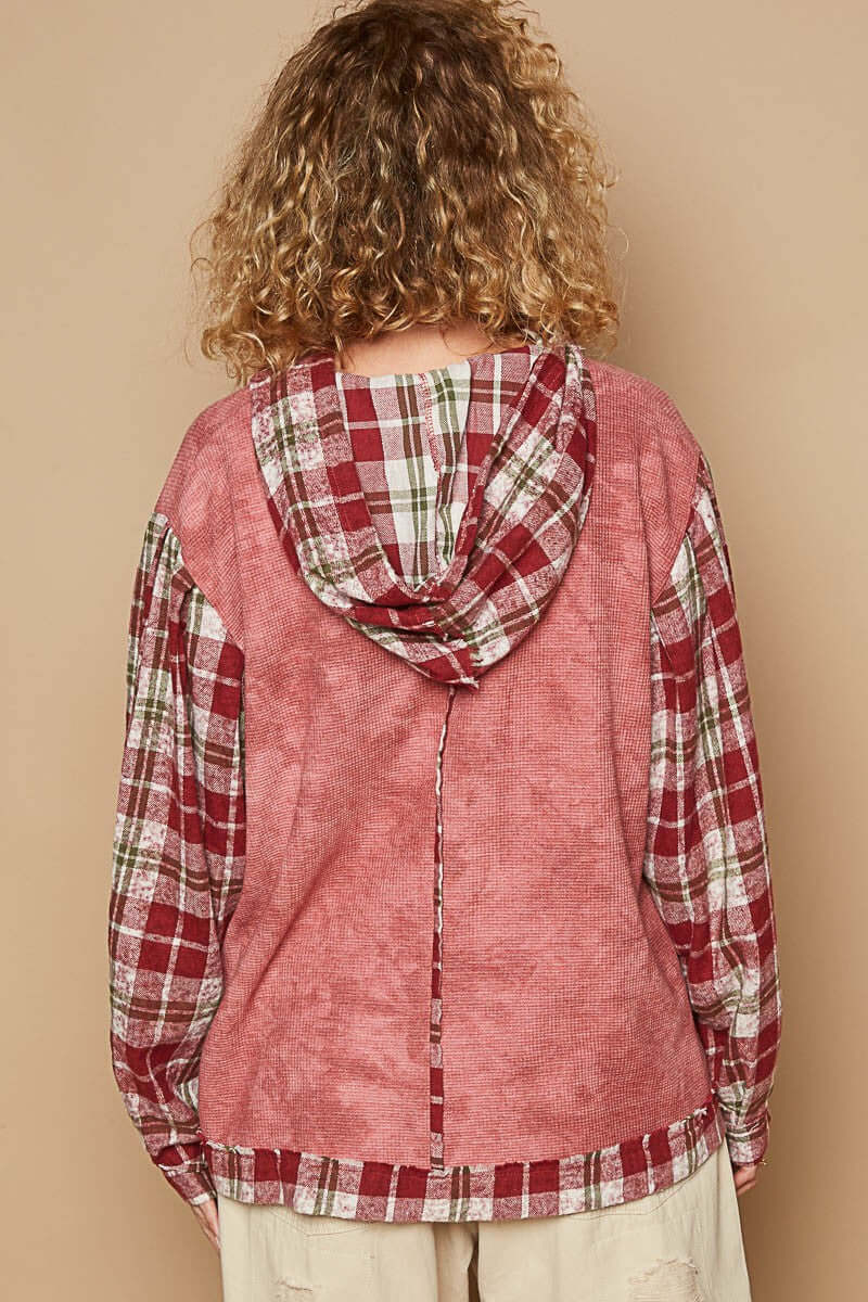 POL Star Patch Plaid Long Sleeve Hooded Top