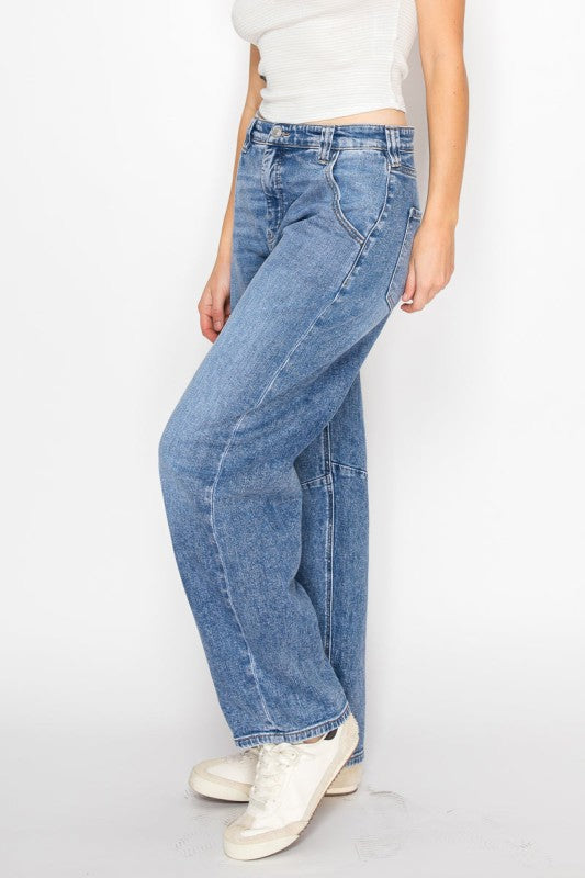 AT2083BRM Adjustable Strap Waistband Barrel Jeans - Sleekdenim.com