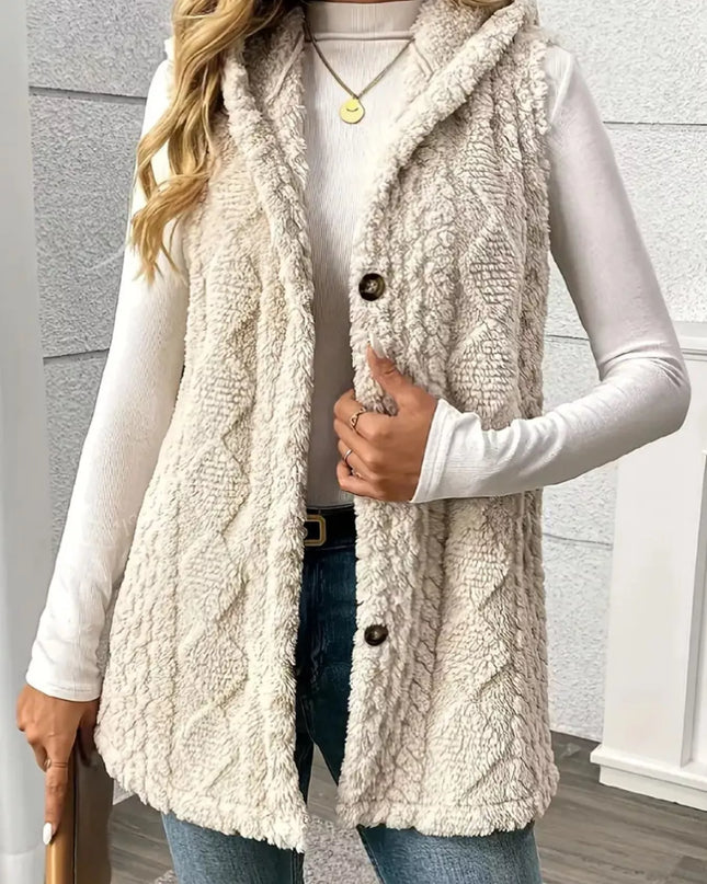 Hooded Button-Up Sherpa Vest Coat - Sleekdenim.com