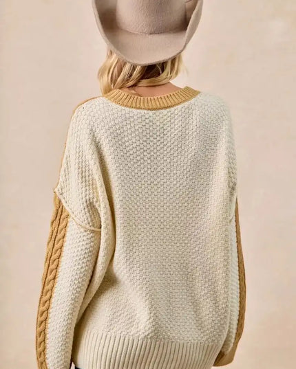 BiBi Cable Knit With Hacci Combo Sweater With Uneven Hem Detail - Sleekdenim.com