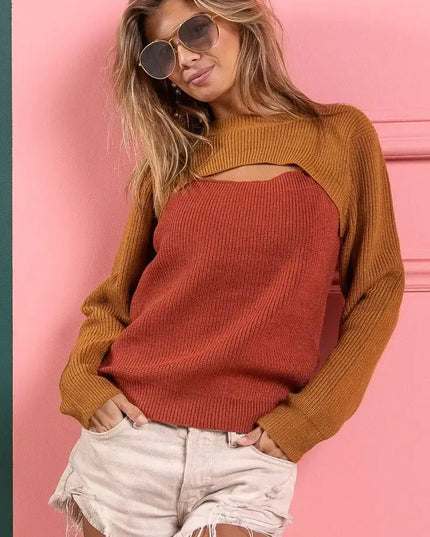 BiBi Color Block Sweater Knit Top With Cut Out Neck - Sleekdenim.com