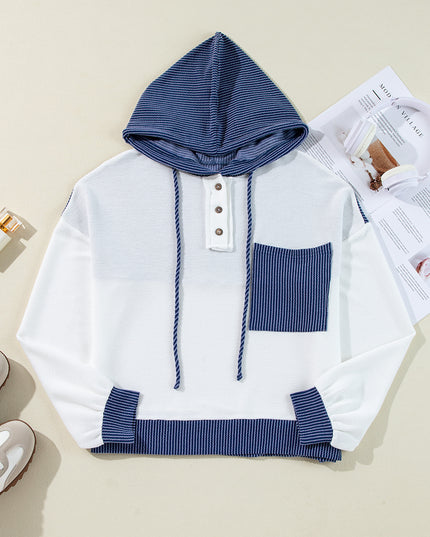 White Corded Patch Pocket Drawstring Henley Long Sleeve Top