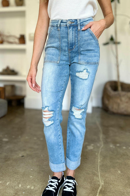 Judy Blue Full Size Distressed Straight Jeans with Patch Pockets | Sleekdenim.com