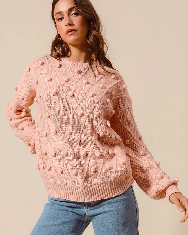 SO ME Pom Pom Textured Knit Sweater Top - Sleekdenim.com