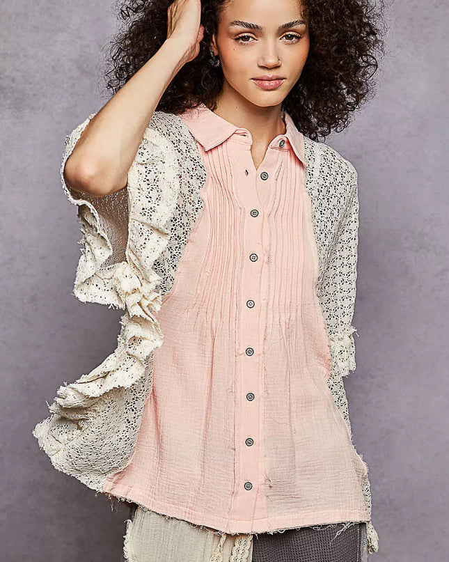 POL Button Down Front Pleated Shirt with Crochet Patch - Sleekdenim.com
