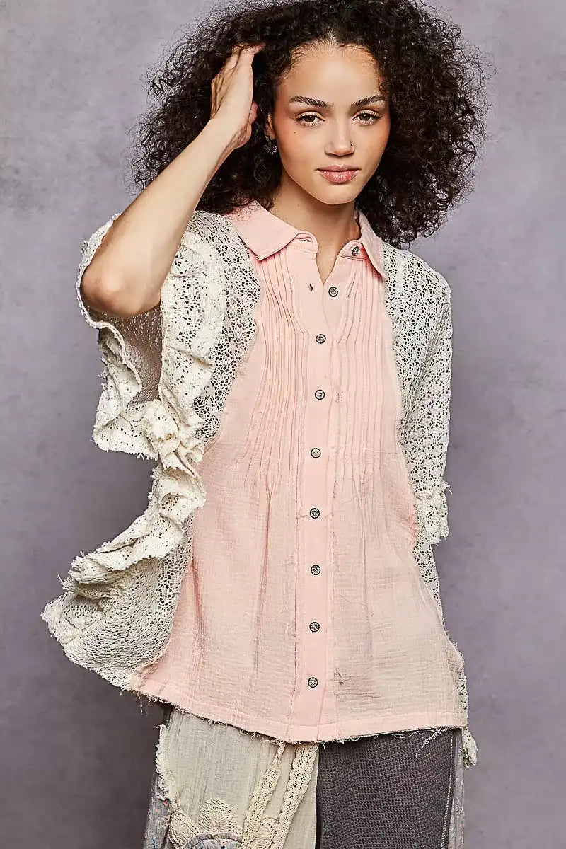 POL Button Down Front Pleated Shirt with Crochet Patch - Sleekdenim.com