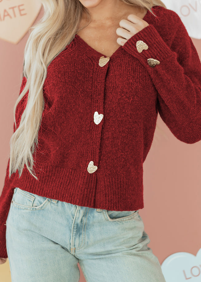 Fiery Red Heart Metal Button V Neck Cardigan Sweater - Sleekdenim.com