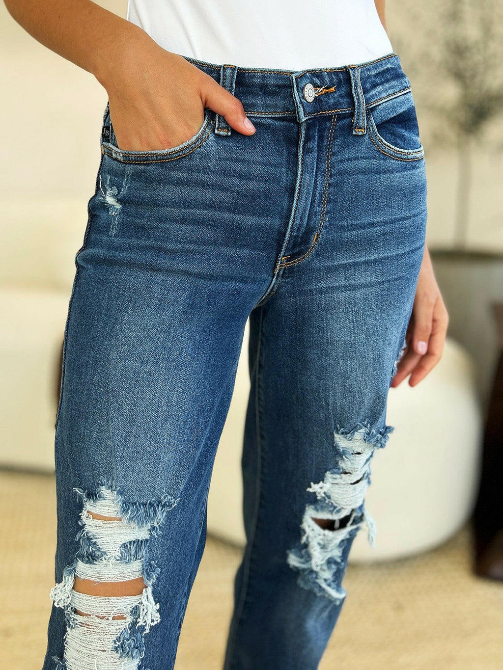 Judy Blue Full Size Mid Rise Distressed Raw Hem Dad Jeans | Sleekdenim.com