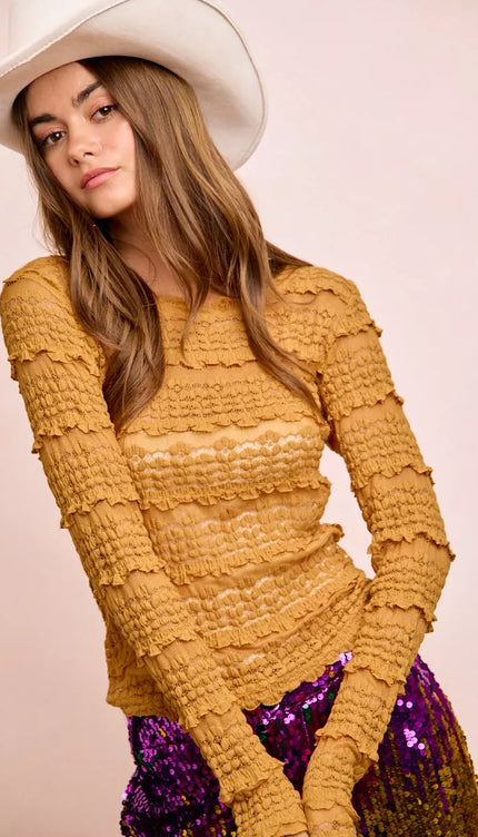 BiBi Ruffles Detail Mardi Gras Color Flower Lace Top - 3