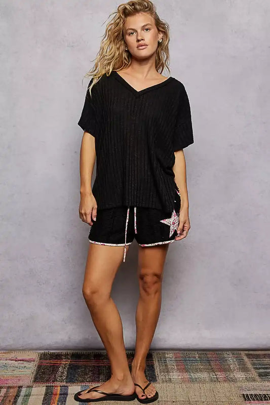 POL Ribbed Knit V-Neck Short Sleeve T-Shirt - Sleekdenim.com