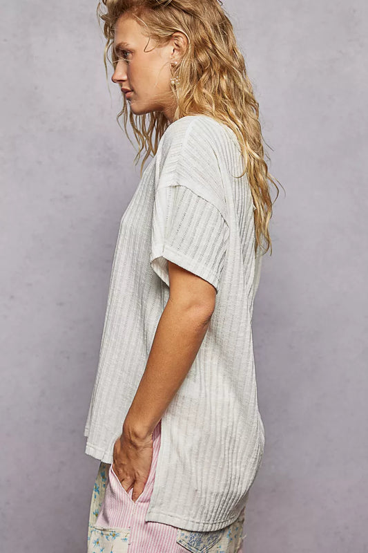 POL Ribbed Knit V-Neck Short Sleeve T-Shirt with Side Slit - Sleekdenim.com