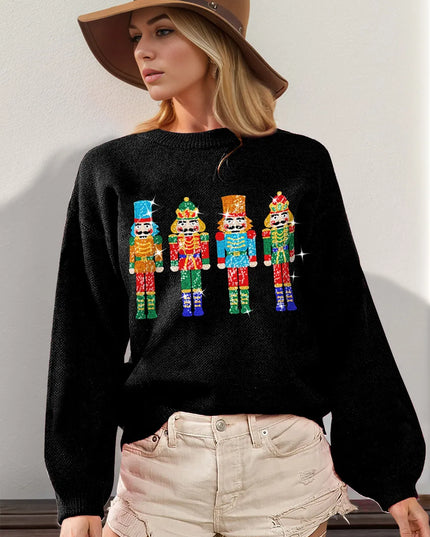 Double Take Full Size Sequin Nutcracker Long Sleeve Sweater - Sleekdenim.com