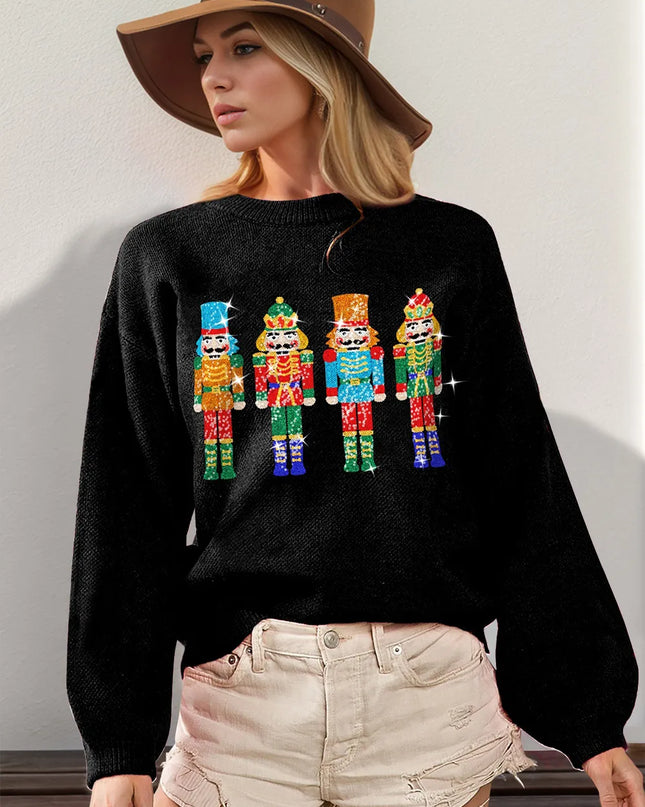 Double Take Full Size Sequin Nutcracker Long Sleeve Sweater - Sleekdenim.com