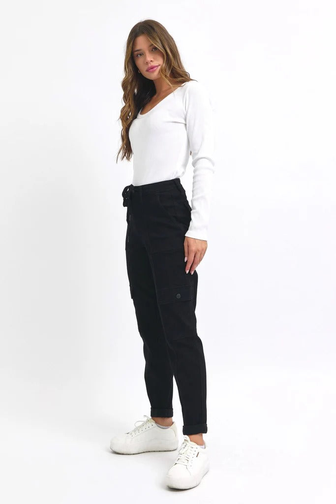 Judy Blue High Waist Cargo Cuff Black Jogger Denim Jeans 88910– sleekdenim.com | Sleekdenim.com