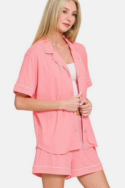 Zenana Button Down Short Sleeve Top and Shorts Lounge Set.