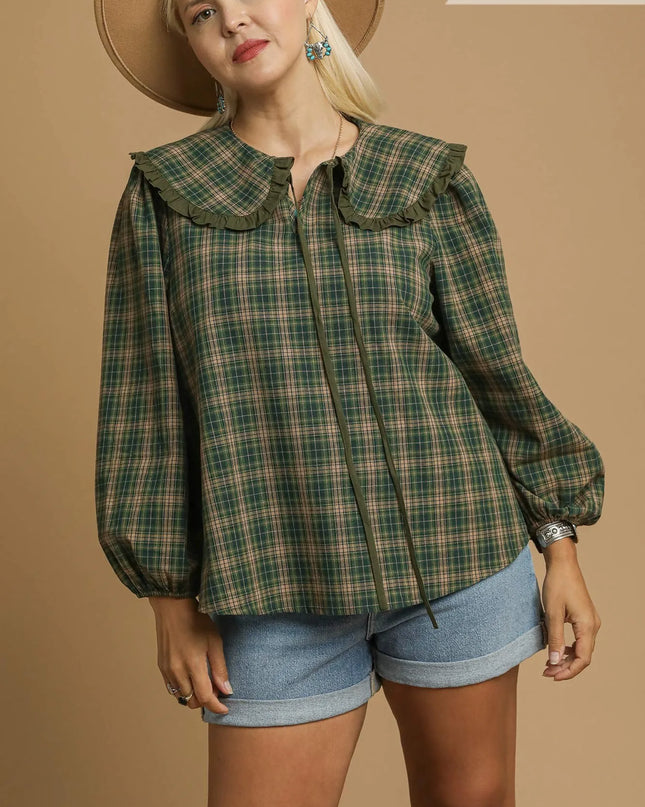 Umgee Full Size Plaid Ruffle Collar Blouse Plus Size - Sleekdenim.com