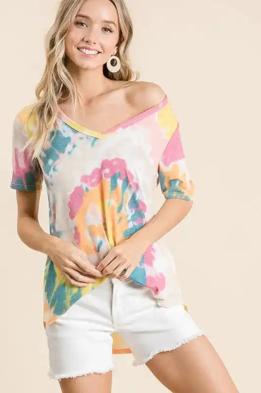 BiBi Circular Tie Dye Print V Neck Top - Sleekdenim.com