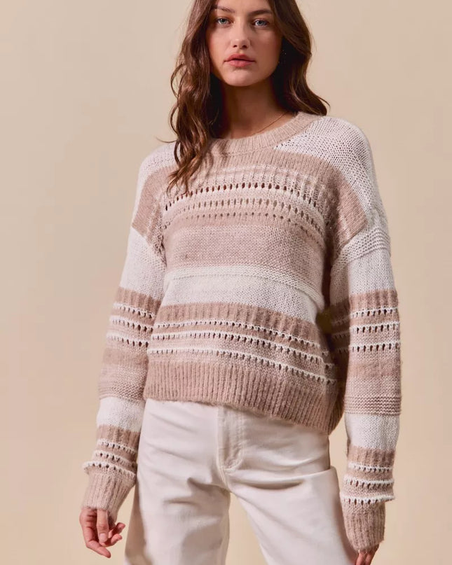 SO ME Variegated Stripe Textured Loose Fit Sweater - Sleekdenim.com