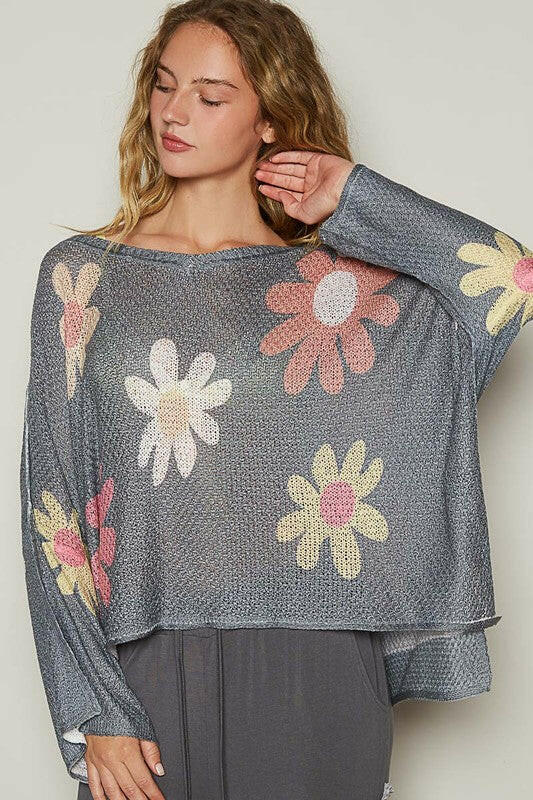 POL Flower Dropped Shoulder Long Sleeve Knit Top | Sleekdenim.com