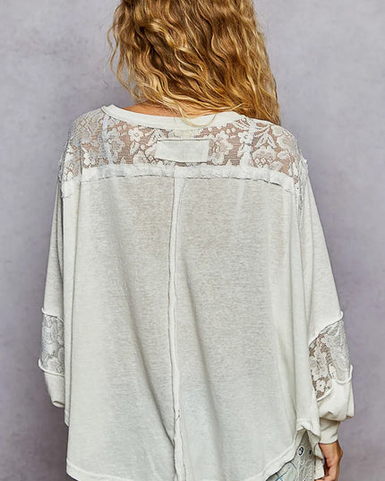 POL V-Neck Long Sleeve T-Shirt with Lace Detail - Sleekdenim.com