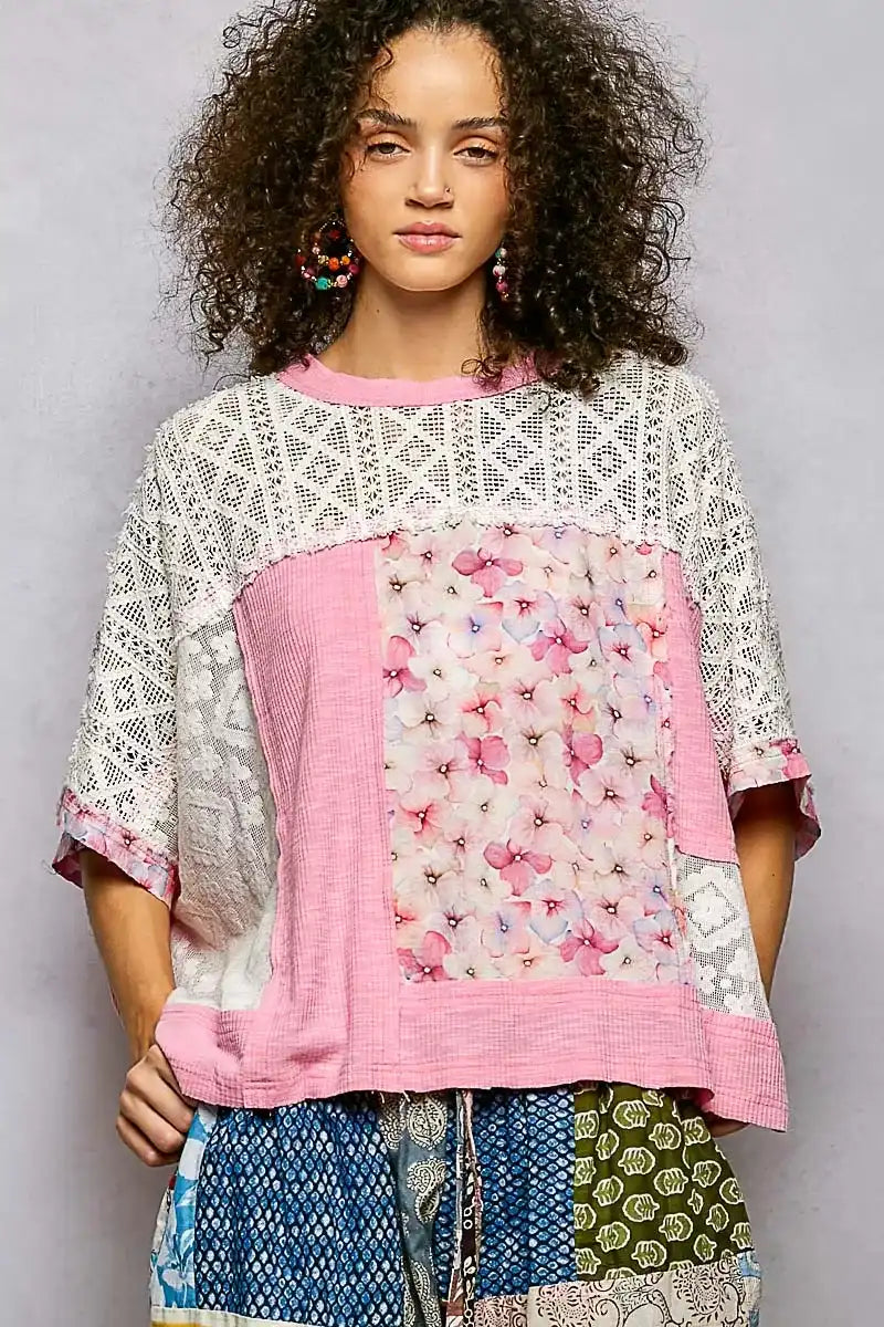 POL Floral Patchwork Lace Accent Blouse - Sleekdenim.com
