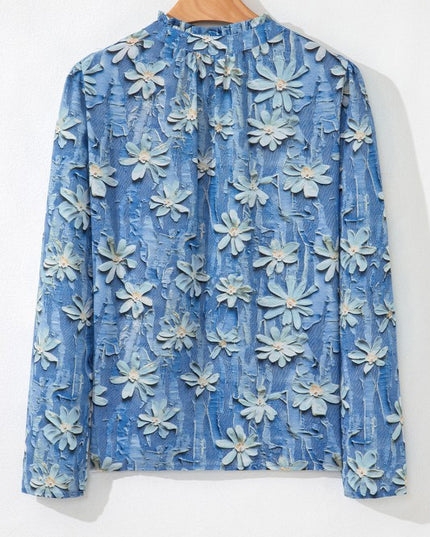 Floral Half Placket Collared V-Neck Blouse - Sleekdenim.com