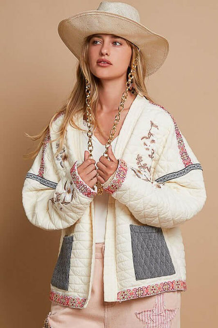 POL Embroidered Open Front Long Sleeve Jacket | Sleekdenim.com