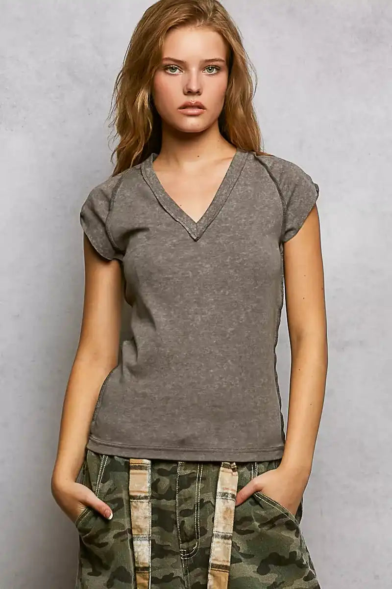 POL V-Neck Short Sleeve Washed T-Shirt with Outseam - Sleekdenim.com