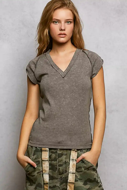POL V-Neck Short Sleeve Washed T-Shirt with Outseam - Sleekdenim.com