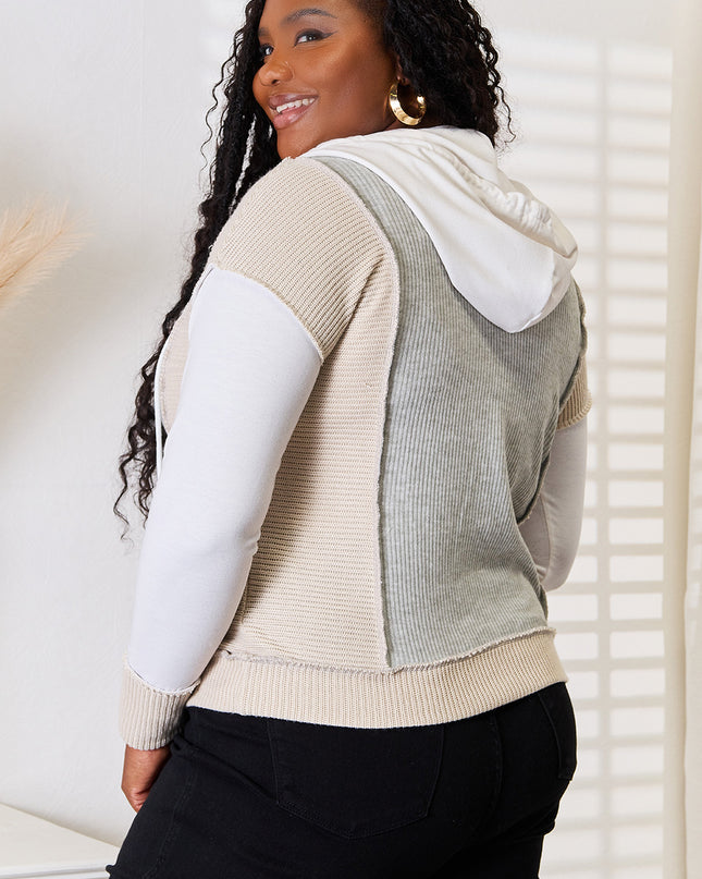 Double Take Color Block Exposed Seam Drawstring Hoodie - Sleekdenim.com