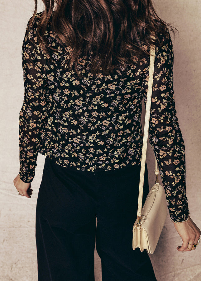 Black Floral Print Mesh Tank Button Front Slim Cardigan 2pcs Set - Sleekdenim.com