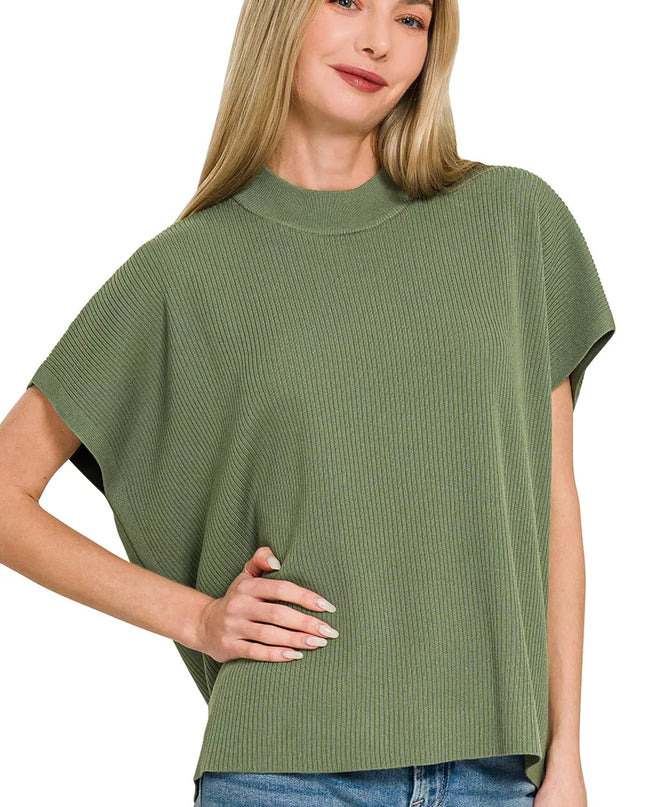 Zenana Viscose Mock Neck Short Sleeve Boxy Sweater - Sleekdenim.com