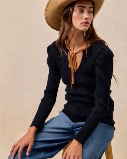 BiBi Ribbed Contrast Front Tied Top with Shrried - Sleekdenim.com