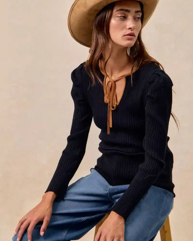 BiBi Ribbed Contrast Front Tied Top with Shrried - Sleekdenim.com